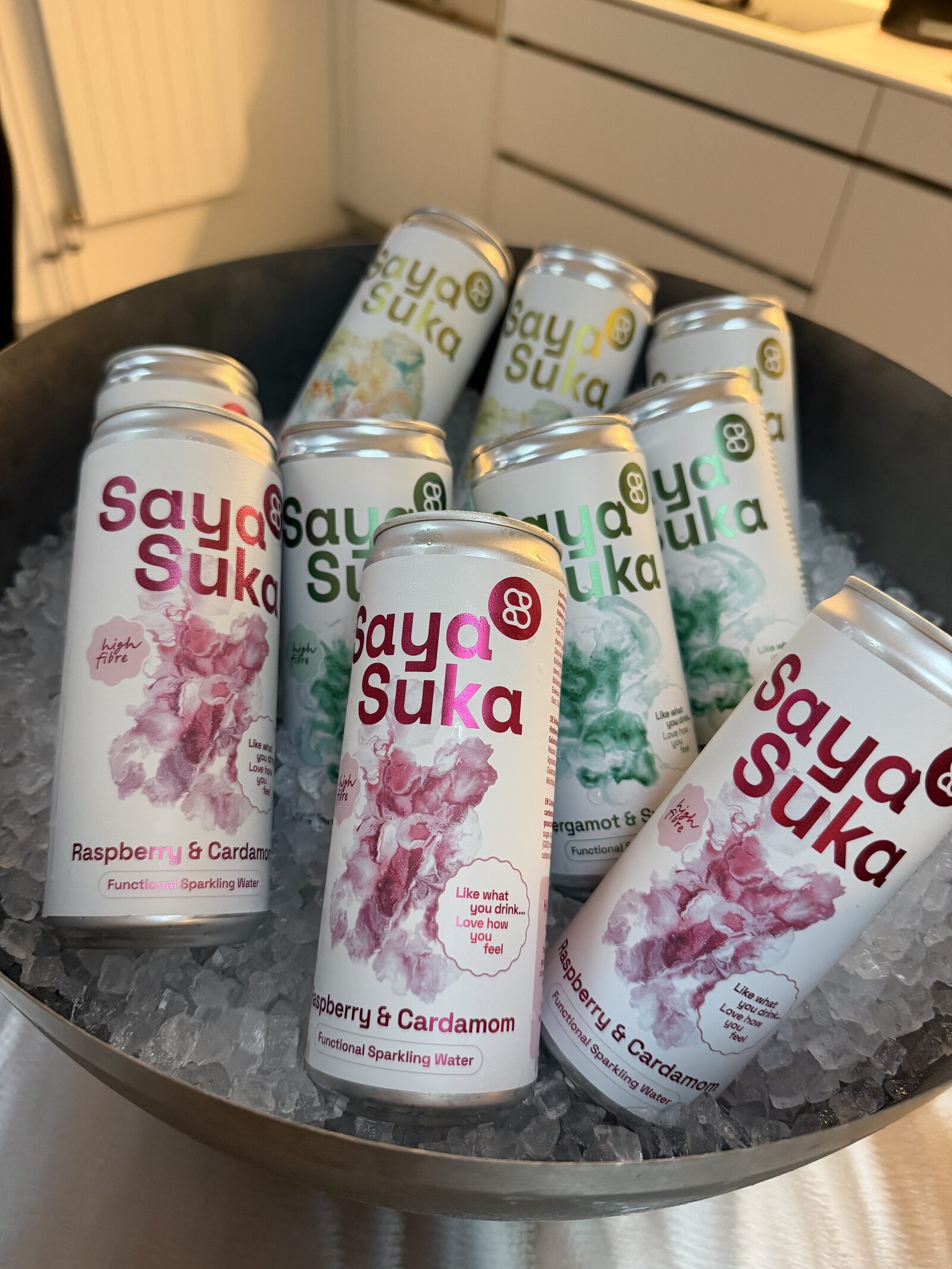 Chilled Saya Suka cans in all three flavours served on ice at the Founding 100 launch event